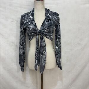 Vtg 90s/y2k cropped rose print cropped front tie blouse sz medium